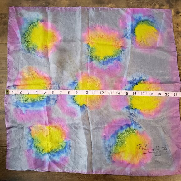 Vintage hand painted tie dye flower pure silk scarf Rémoy D'Urville Paris 21.5" - Picture 9 of 9